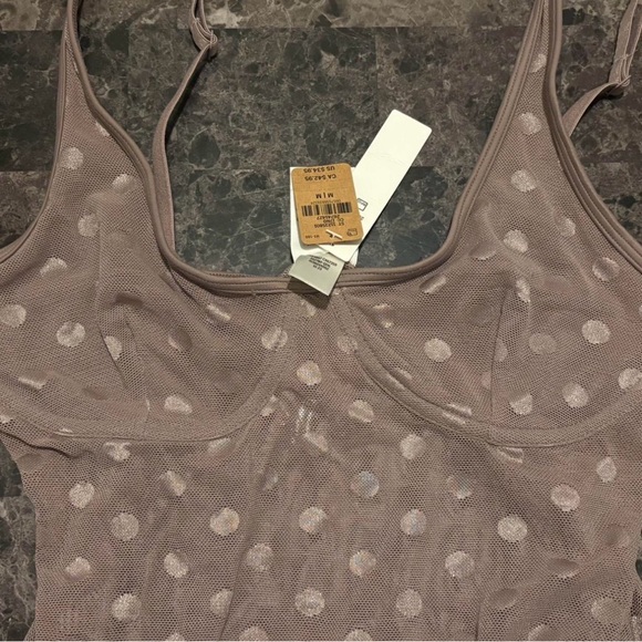 Victoria’s Secret PINK Sheer Polka Dot Mesh Bodysuit Teddy Taupe M NWT - Picture 2 of 4